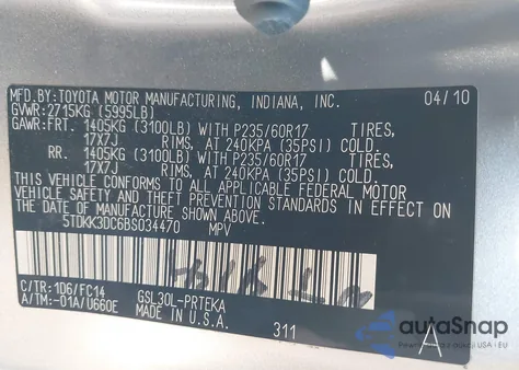 2011 Toyota Sienna Le V6 from USA, damaged, VIN 5TDKK3DC6BS034470